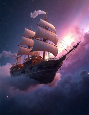 The primary subject of the image is a large sailing ship with a massive sail, floating in the sky. The ship appears to be a pirate ship, and it is the main focus of the image. The setting is a cloudy sky, which serves as the backdrop for the ship. The visual style of the image is digital art, as it is a well-rendered and detailed illustration of the sailing ship. The colors and mood of the image are dramatic and adventurous, with the ship and clouds creating a sense of movement and excitement.